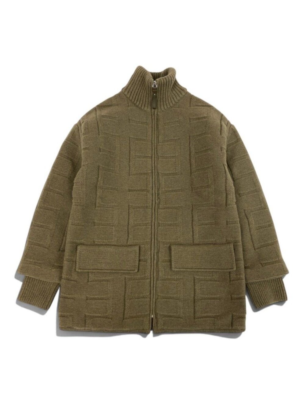 Hermes H Pattern Zip Up Knit Jacket Khaki 36